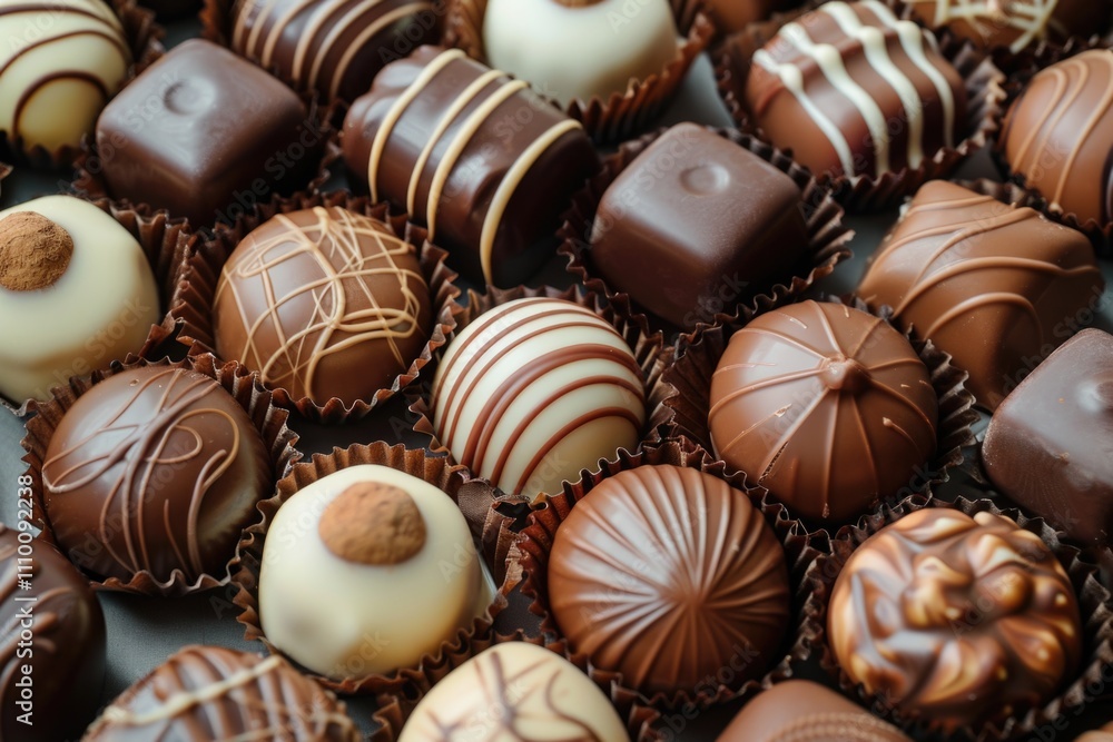 Close-up image of an assortment of different chocolate candies in various shapes and colors. Close-up image of an assortment of different chocolate candies in various shapes and colors.