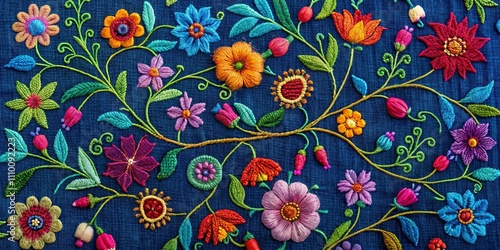 Wallpaper Mural Vibrant Floral Embroidery on Deep Blue Textile A Detailed Close-up of Hand-Stitched Blossoms and Leaves Torontodigital.ca