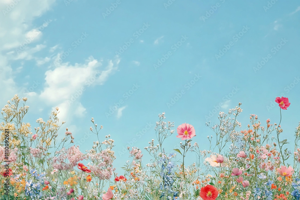 Fototapeta premium A painting of a field of flowers with a blue sky in the background