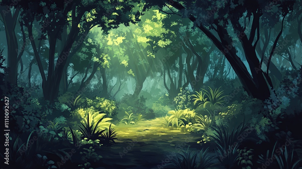 Sunlit path through lush, mysterious forest. Sunlit path through lush, mysterious forest.