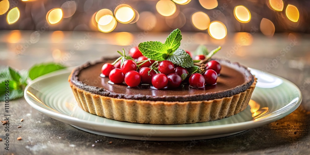 A delectable chocolate tart adorned with vibrant red berries and a sprig of refreshing mint, beautifully presented on a plate, set against a warm, bokeh-lit background. A delectable chocolate tart adorned with vibrant red berries and a sprig of refreshing mint, beautifully presented on a plate, set against a warm, bokeh-lit background.