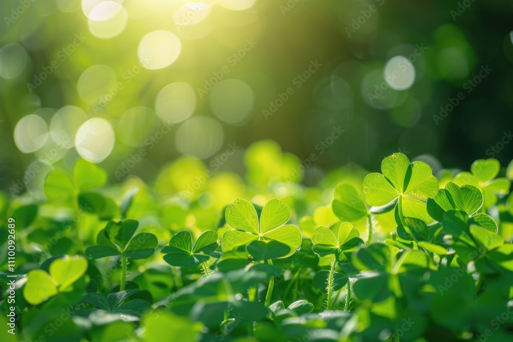 A close-up shot of green clover plants in a field of clover, illuminated by the sun.
