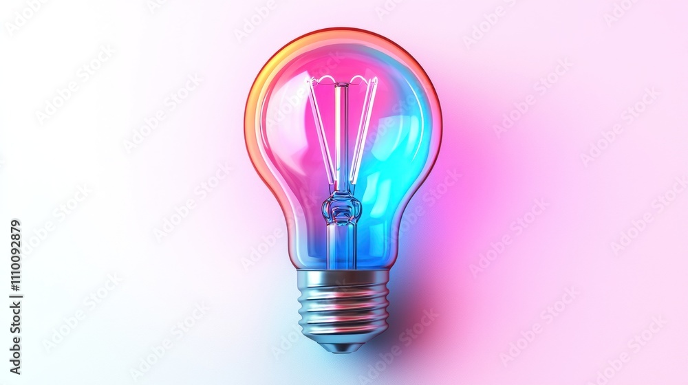 Colorful Light Bulb with Neon Glow on a Soft Gradient Background, Representing Creativity, Innovation, and Ideas in Modern Design Aesthetics Colorful Light Bulb with Neon Glow on a Soft Gradient Background, Representing Creativity, Innovation, and Ideas in Modern Design Aesthetics