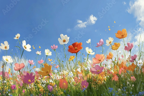 A painting of a field of flowers with a blue sky in the background