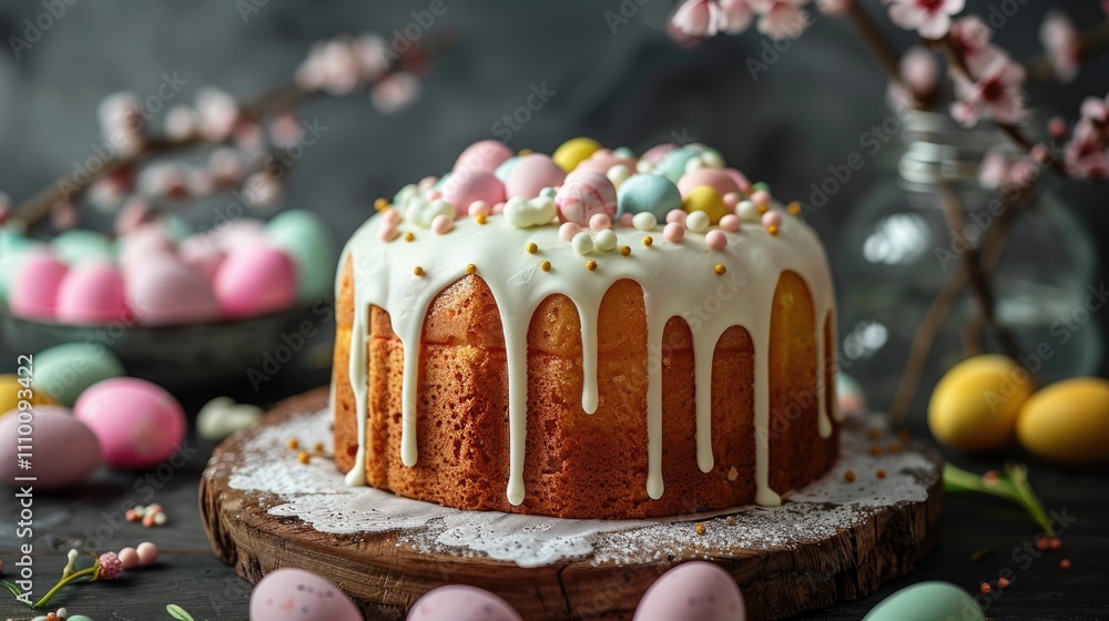 Easter cake with flowers and decorated eggs Easter cake with flowers and decorated eggs
