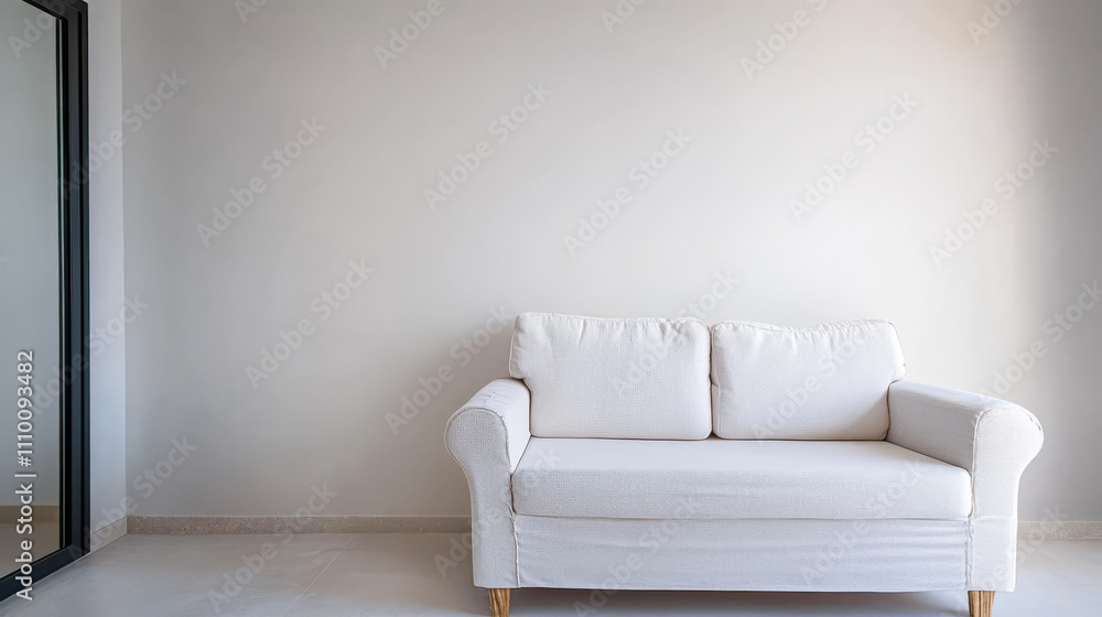 Minimalist living room with a white sofa against a neutral wall and floor Minimalist living room with a white sofa against a neutral wall and floor