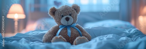 Cozy Teddy Bear on Bed in Soft Lighting - Tranquil Bedroom Decor photo