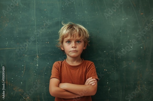 Young boy standing in front of green chalkboard