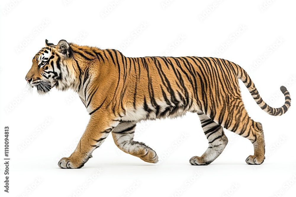 Majestic Tiger in Motion: Side View Photography on a White Background Majestic Tiger in Motion: Side View Photography on a White Background