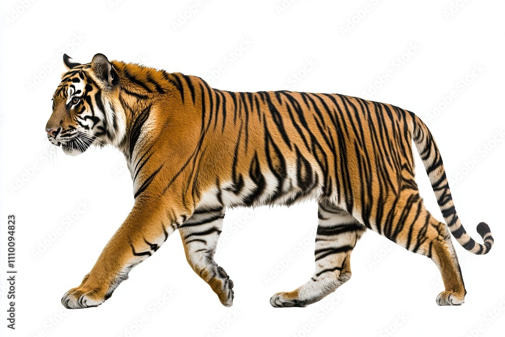 Obraz premium Majestic Tiger in Motion: Side View Photography on a White Background