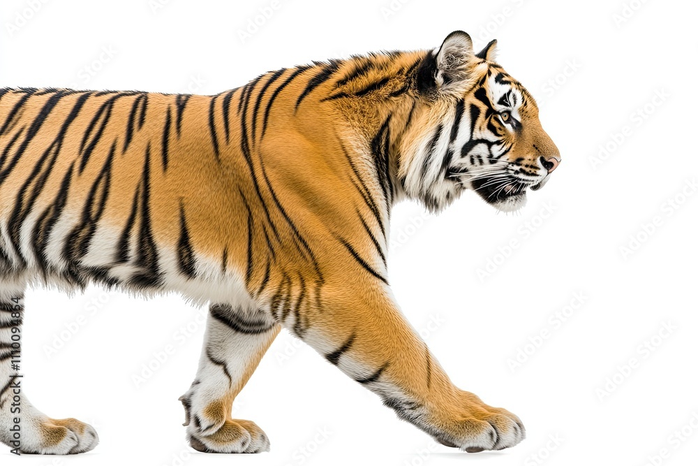 Naklejka premium Majestic Tiger in Motion: Side View Photography on a White Background