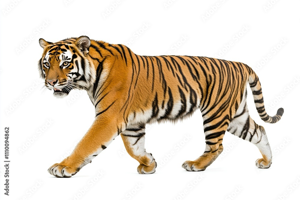 Majestic Tiger in Motion: Side View Photography on a White Background Majestic Tiger in Motion: Side View Photography on a White Background