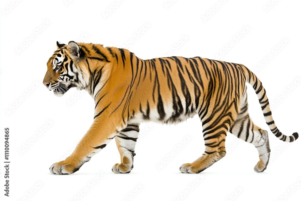Majestic Tiger in Motion: Side View Photography on a White Background Majestic Tiger in Motion: Side View Photography on a White Background