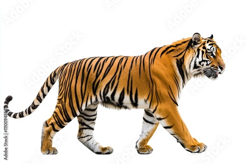 Majestic Tiger in Motion: Side View Photography on a White Background