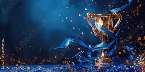 Golden trophy with blue ribbon and confetti