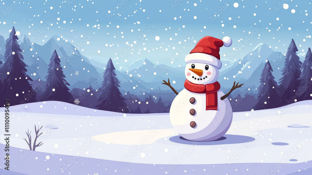 Merry christmas and happy new year greeting card with copy-space.Happy snowman standing in winter christmas landscape.Snow background Merry christmas and happy new year greeting card with copy-space.Happy snowman standing in winter christmas landscape.Snow background