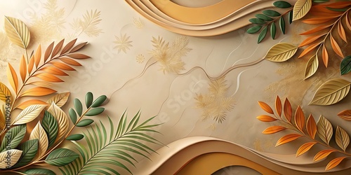 Elegant Autumnal Foliage Arranged on a Neutral Background with Swirling Beige and Gold Accents