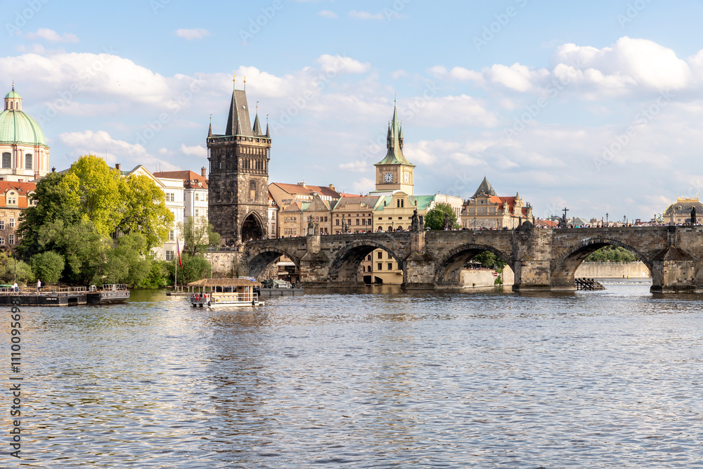 View from the embankment of the Vltava River and the Charles Bridge in Prague in the Czech Republic View from the embankment of the Vltava River and the Charles Bridge in Prague in the Czech Republic