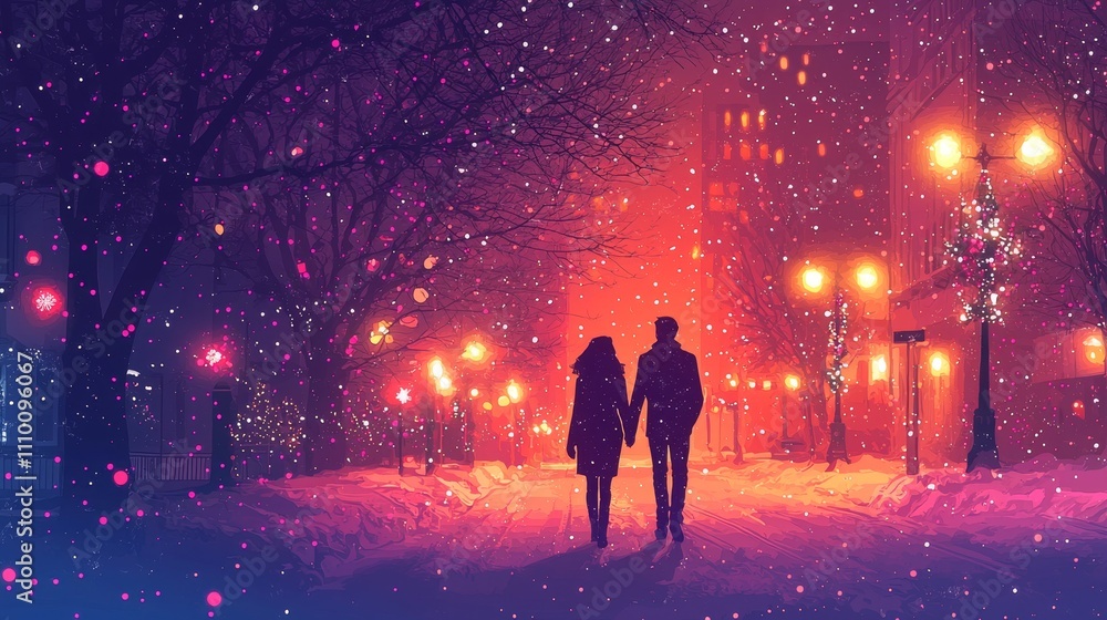 Fototapeta premium Couple Walking Hand in Hand on a Snowy Street at Night Urban Environment Emotional Scene Romantic Concept