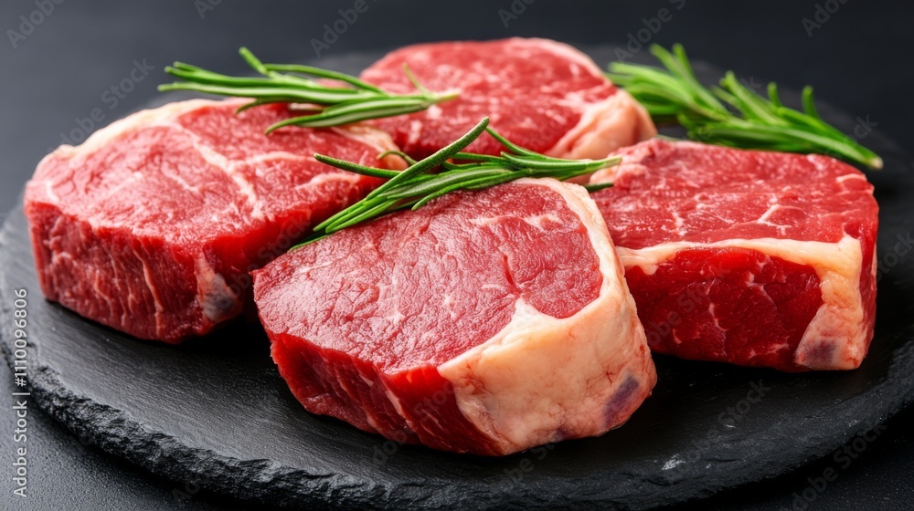 Freshly cut beef steaks with rosemary placed on a slate board ready for cooking Freshly cut beef steaks with rosemary placed on a slate board ready for cooking