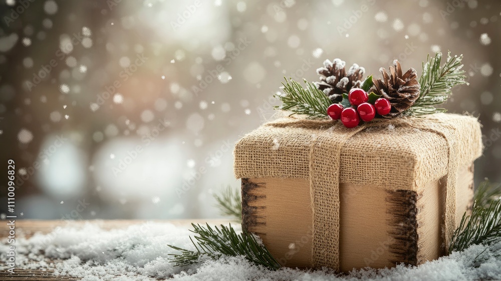 A handcrafted wooden gift box wrapped in burlap and adorned with pinecones and holly, set against a snow-filled background. A handcrafted wooden gift box wrapped in burlap and adorned with pinecones and holly, set against a snow-filled background.