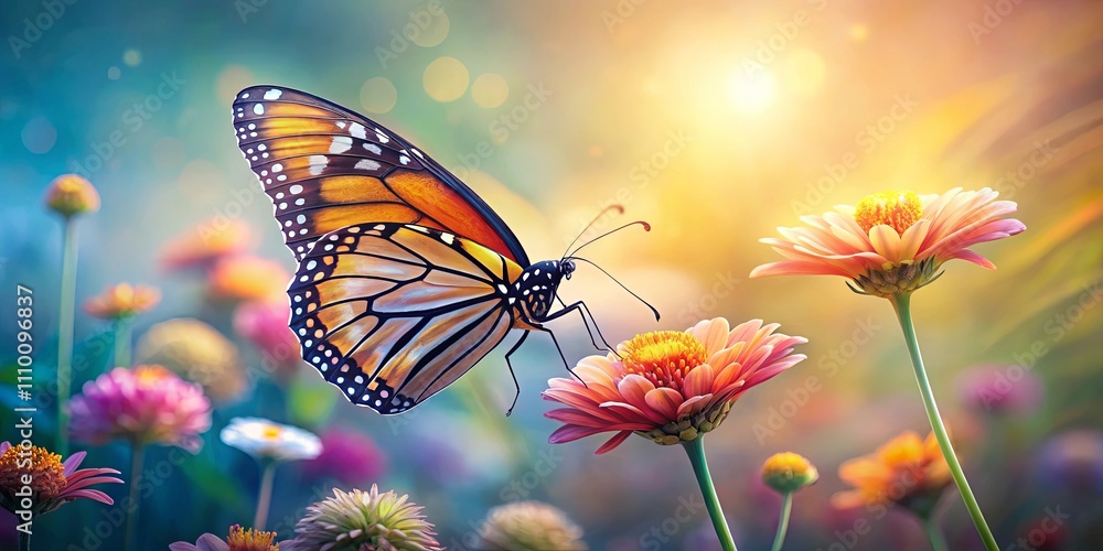 A Vibrant Monarch Butterfly Gracefully Feeding on a Delicate Zinnia Blossom in a Sunlit Meadow A Vibrant Monarch Butterfly Gracefully Feeding on a Delicate Zinnia Blossom in a Sunlit Meadow