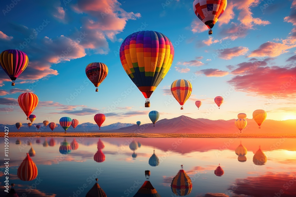 Naklejka premium Hot air balloons over lake at sunset