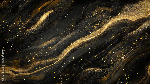 Gold dust glitter sparkle wave texture on the black background. Shimmer texture.