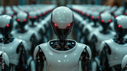 Wallpaper Mural White robot with red eyes stands among other robots in a factory Torontodigital.ca