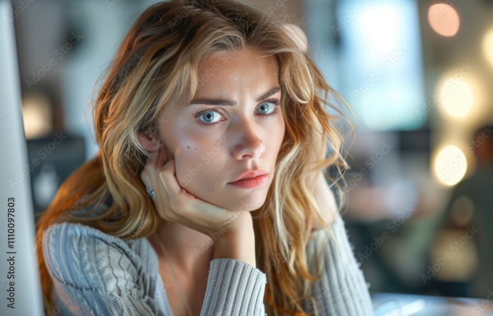 Woman resting chin on hand in office Woman resting chin on hand in office