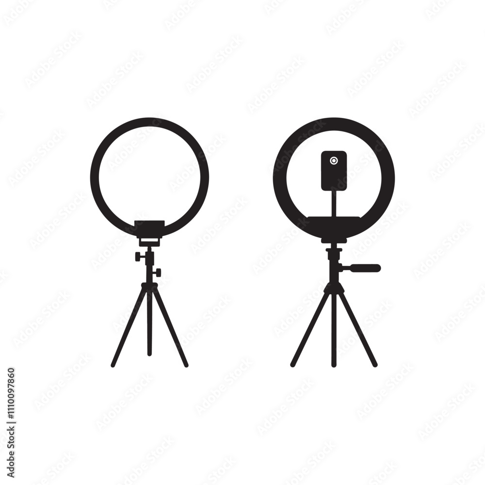 Obraz premium professional selfie photography tripodal ring light digital electronic gadget equipment tripod silhouette icon vector flat outline design