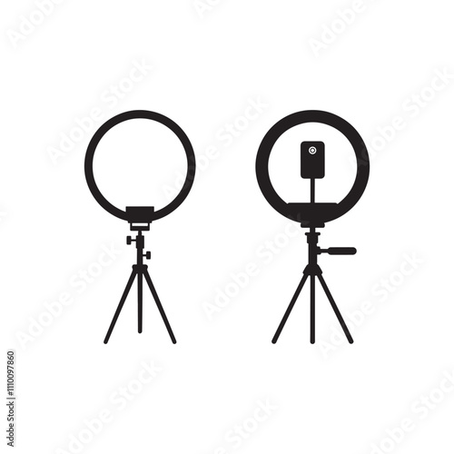 professional selfie photography tripodal ring light digital electronic gadget equipment tripod silhouette icon vector flat outline design