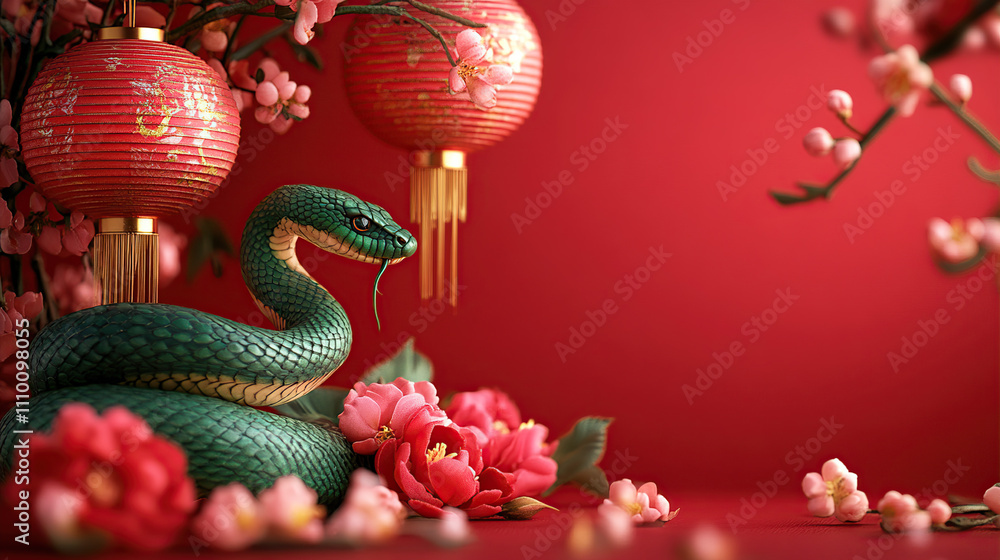 green snake, red background, lanterns and flowers, Chinese new year concept green snake, red background, lanterns and flowers, Chinese new year concept