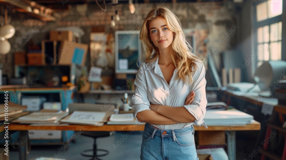Confident Young Woman in Casual Wear Standing in Creative Art Studio Confident Young Woman in Casual Wear Standing in Creative Art Studio