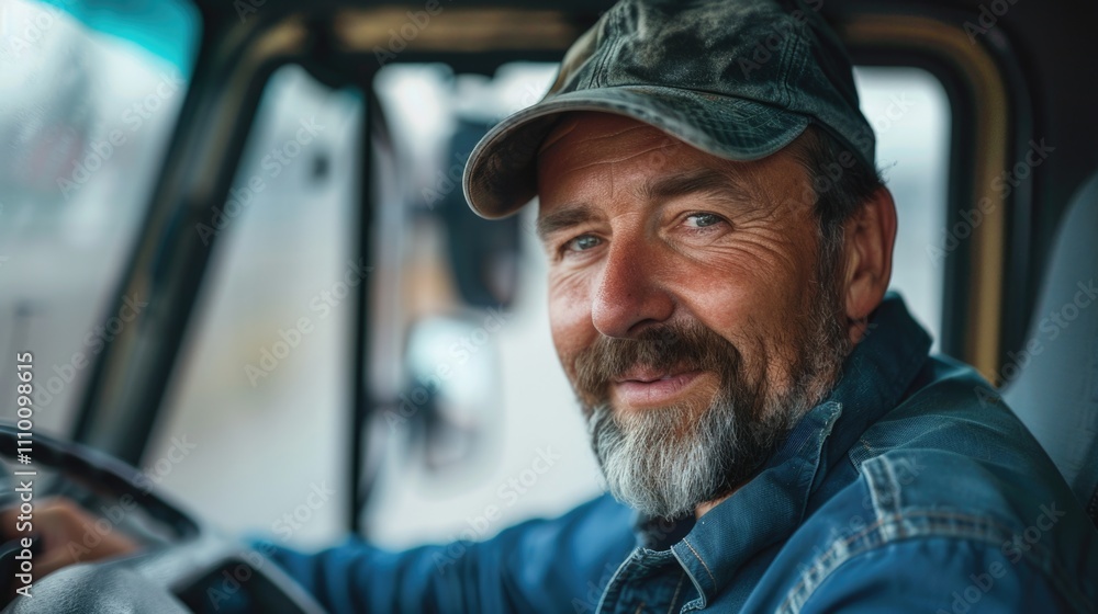 Smiling MiddleAged Man Driving Truck with Cap and Beard in Natural Light Smiling MiddleAged Man Driving Truck with Cap and Beard in Natural Light