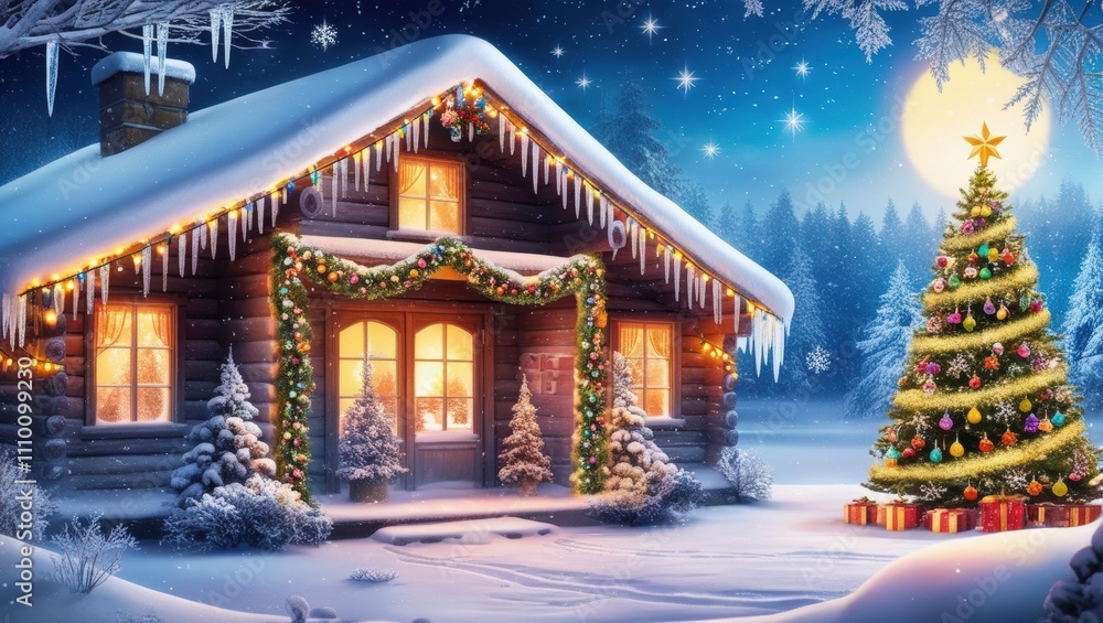 A house with a Christmas tree and lights on the roof. The house is surrounded by snow and the Christmas tree is lit up. Scene is festive and cozy A house with a Christmas tree and lights on the roof. The house is surrounded by snow and the Christmas tree is lit up. Scene is festive and cozy
