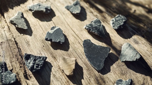 Close-up of ancient stone tools, sharp flint knives, and polished axes on a weathered wooden surface, symbolizing prehistoric craftsmanship and the dawn of human ingenuity. photo