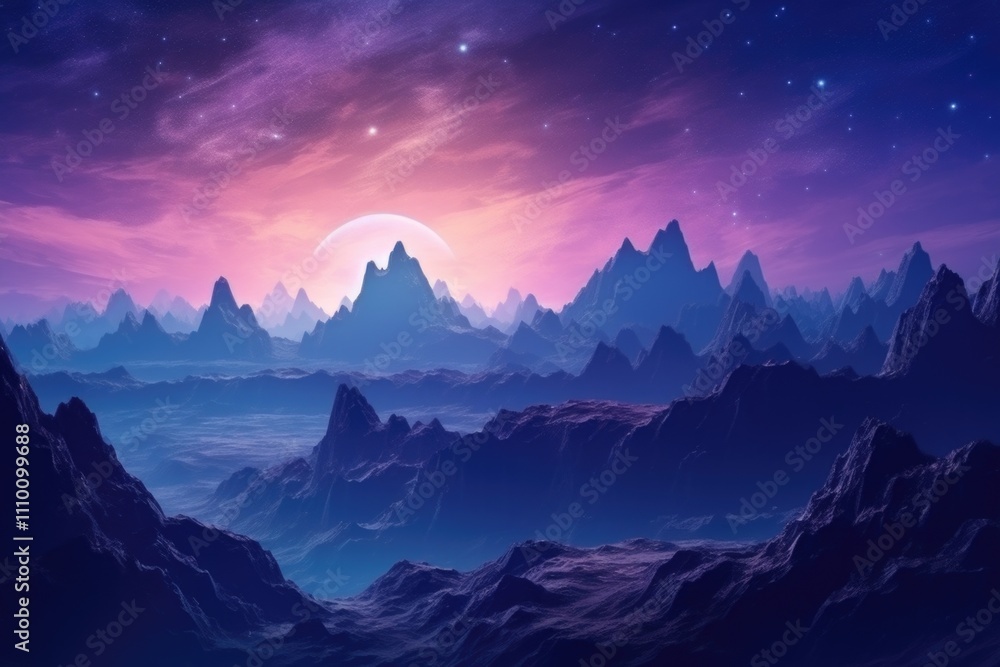 Mountain range underneath a pink planet Mountain range underneath a pink planet