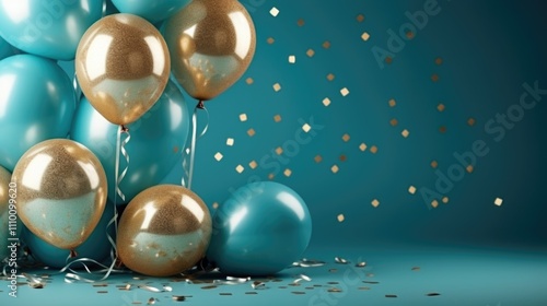 Gold and blue balloons against a blue background