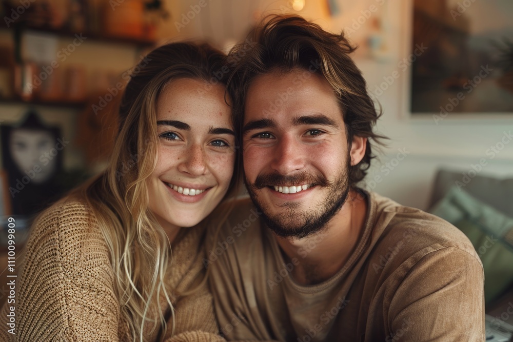 Young Happy Couple Smiling in Cozy Home Environment, Warm and Candid Embrace Young Happy Couple Smiling in Cozy Home Environment, Warm and Candid Embrace
