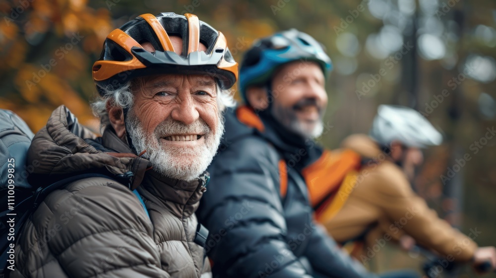 Senior man smiling while cycling in a forest Senior man smiling while cycling in a forest