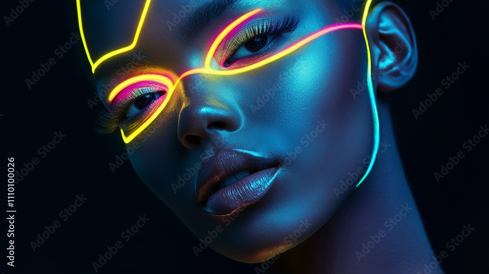 Neon Dreams: A captivating close-up portrait of a woman adorned with vibrant neon makeup, her expression radiating confidence and allure against a dark background. Neon Dreams: A captivating close-up portrait of a woman adorned with vibrant neon makeup, her expression radiating confidence and allure against a dark background.