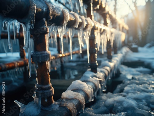 Frozen Metal Pipes with Icicles in Outdoor Winter Setting at Sunrise photo