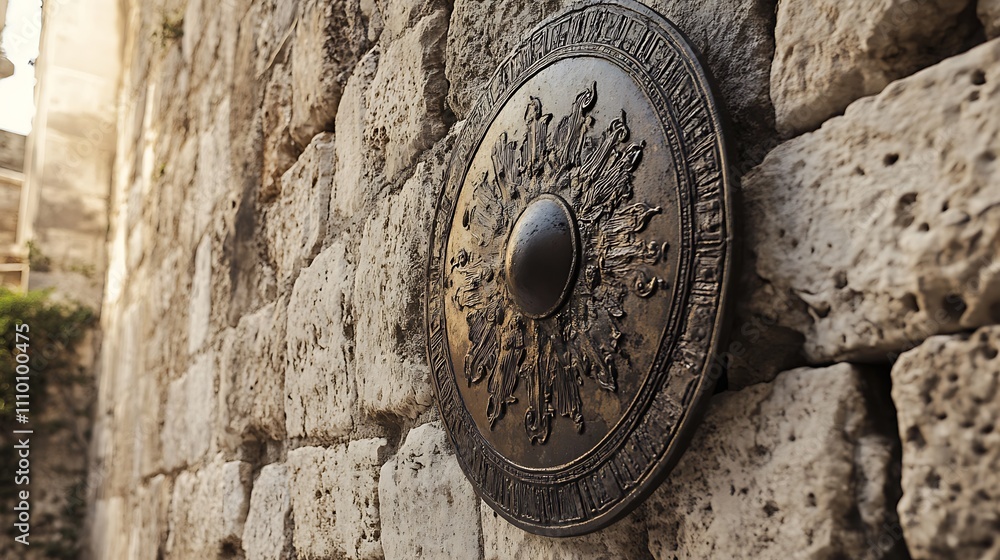 Obraz premium Ornate bronze shield mounted on ancient stone wall.