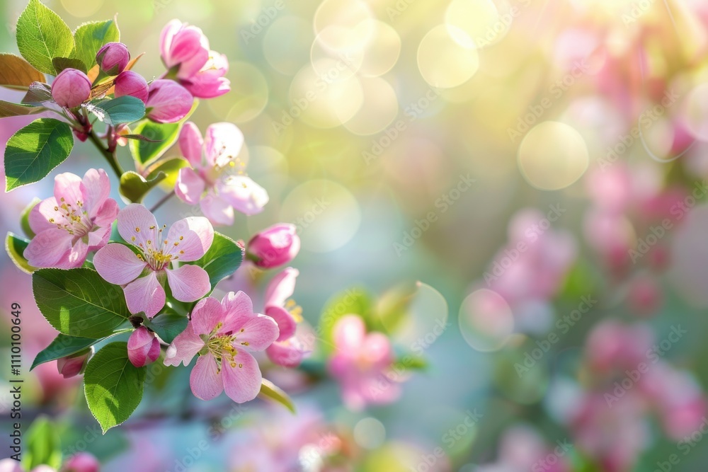 Spring Blossoms with Pink Flowers on a Branch in Sunny Garden with Bokeh Background Spring Blossoms with Pink Flowers on a Branch in Sunny Garden with Bokeh Background