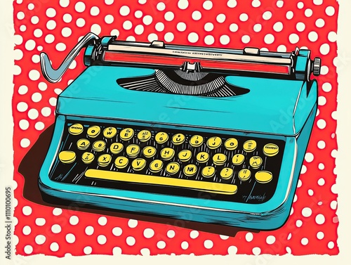 Retro teal typewriter on red polka dot background; vintage style illustration.