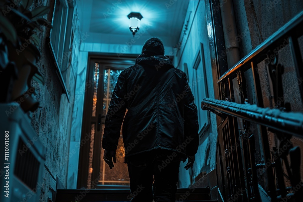 Person walking up stairs in a dark hallway Person walking up stairs in a dark hallway