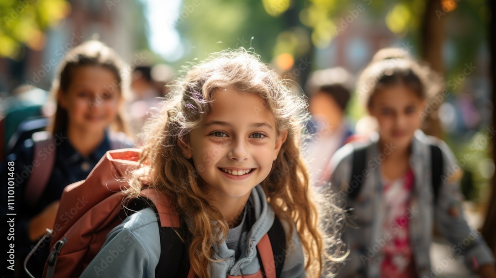 Happy Children Smiling and Playing Outdoors in a Sunny Urban Setting Happy Children Smiling and Playing Outdoors in a Sunny Urban Setting