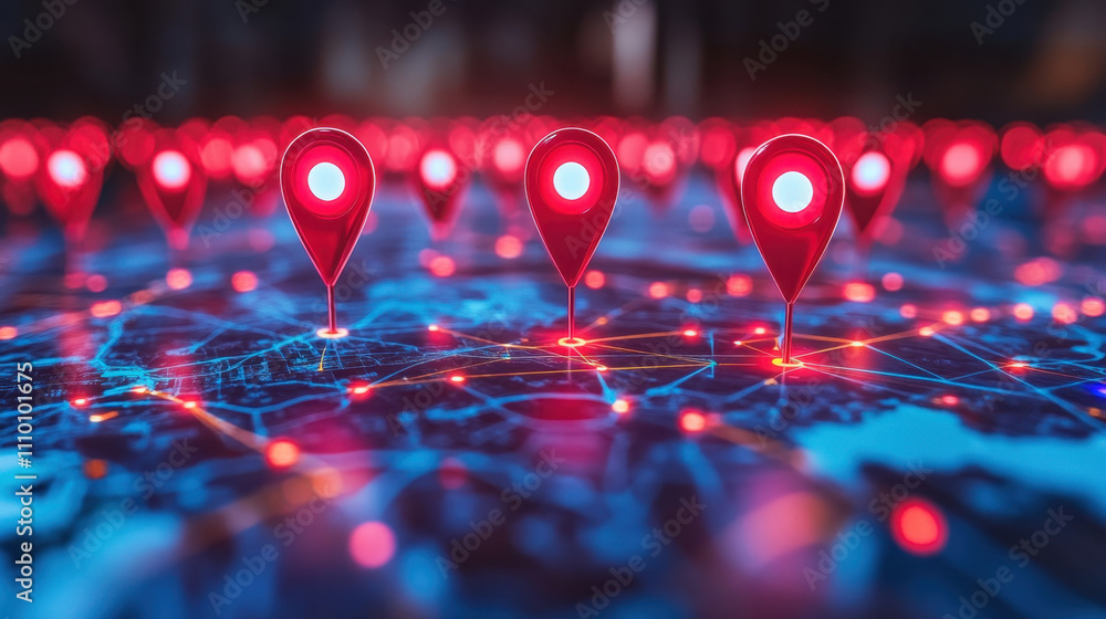 3D globe with red pins marking locations around the world 3D globe with red pins marking locations around the world