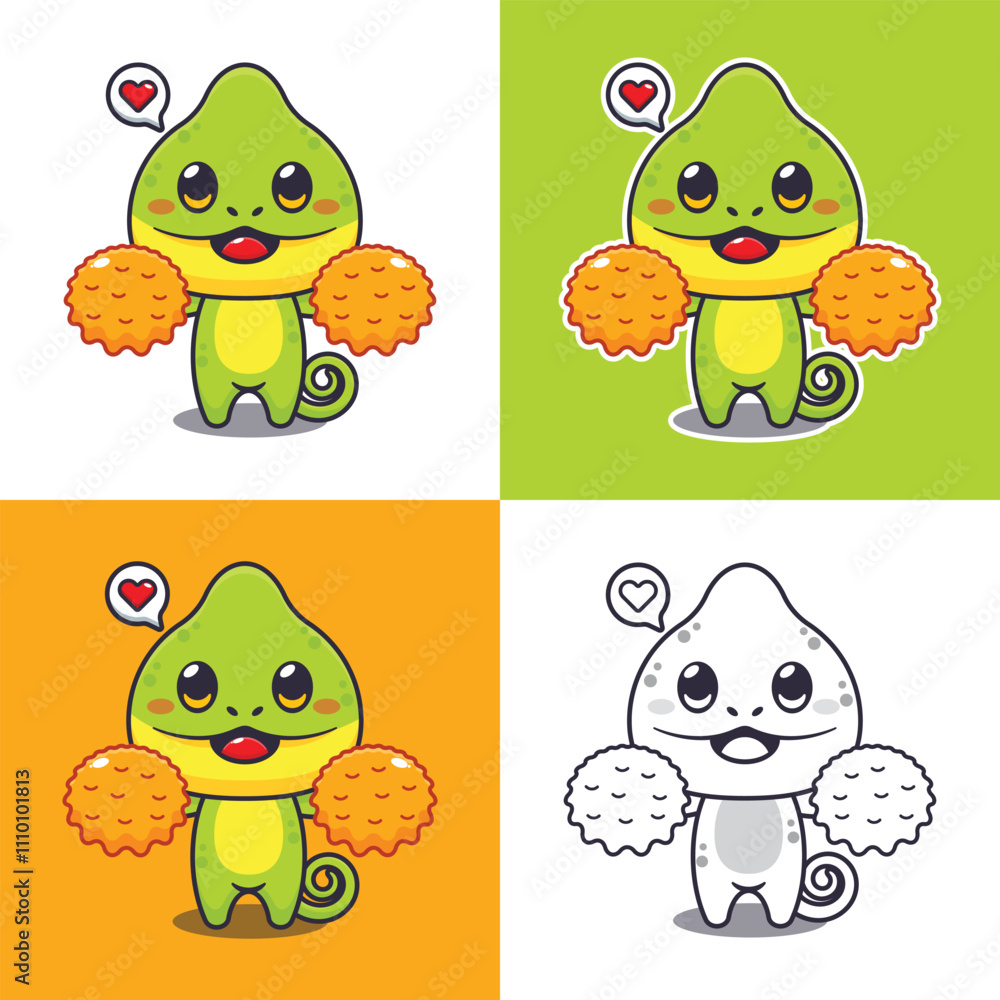 Obraz premium cute chameleon cheerleader cartoon drawing